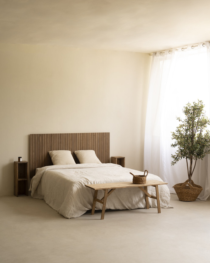 Slotted solid oak wood headboard in dark oak tone available in various sizes.