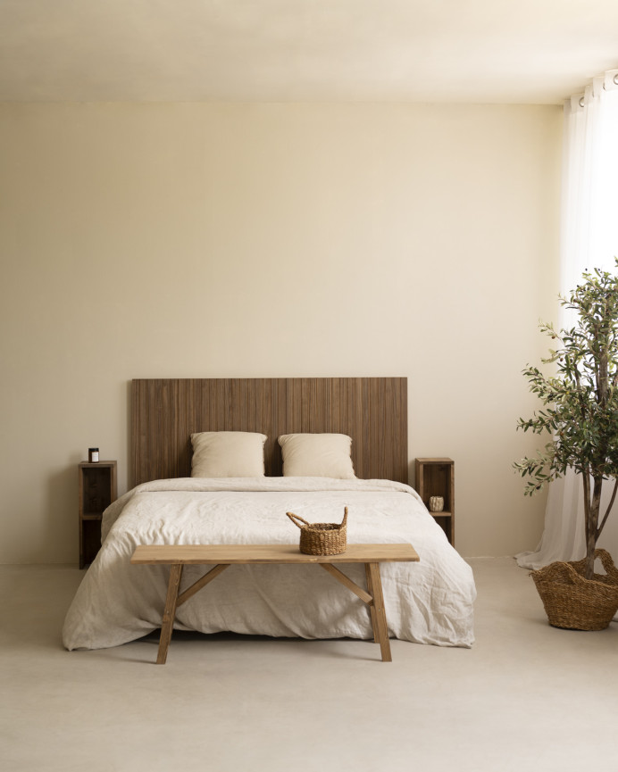 Slotted solid oak wood headboard in dark oak tone available in various sizes.