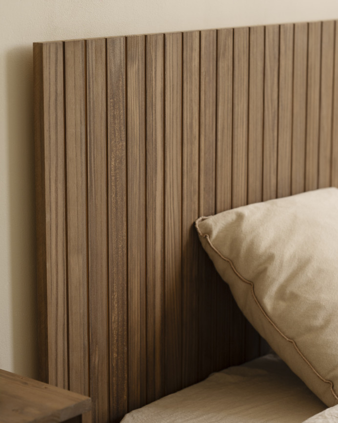 Slotted solid oak wood headboard in dark oak tone available in various sizes.