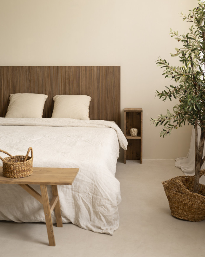 Slotted solid oak wood headboard in dark oak tone available in various sizes.