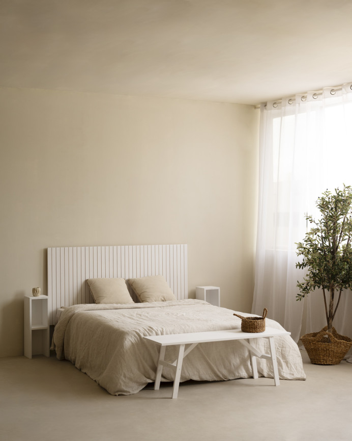 Slotted solid wood headboard in white tone available in various sizes.