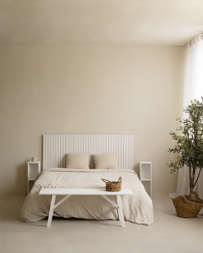 Slotted solid wood headboard in white tone available in various sizes.