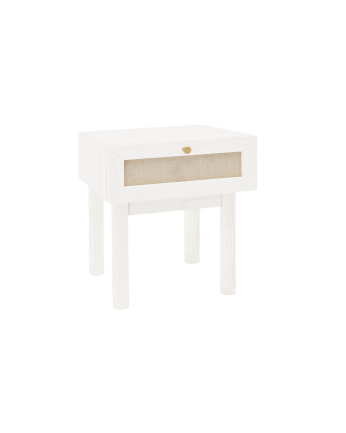 Solid wood and linen bedside table with a white-toned drawer measuring 40x45cm.