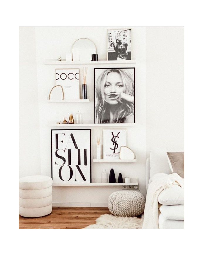 Pack of 4 solid wood floating shelves in white tone, various sizes.