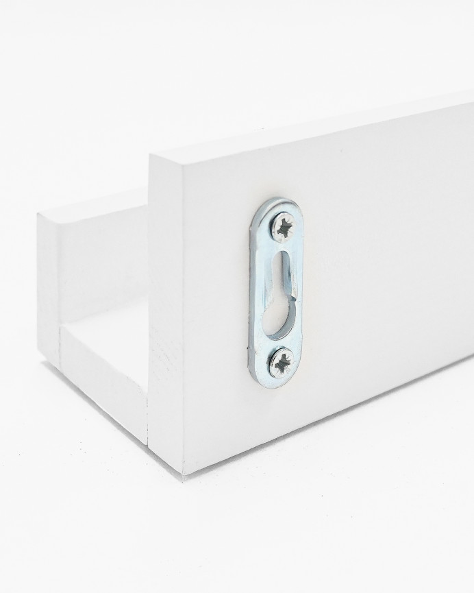 Solid wood floating shelf in white tone, available in various sizes.