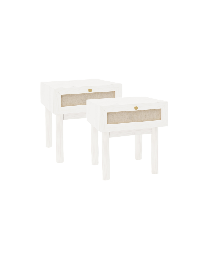 Pack of 2 solid wood bedside tables with a drawer and white linen tone measuring 45x40cm