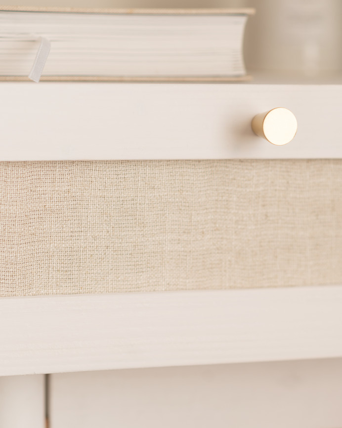 Pack of 2 solid wood bedside tables with a drawer and white linen tone measuring 45x40cm