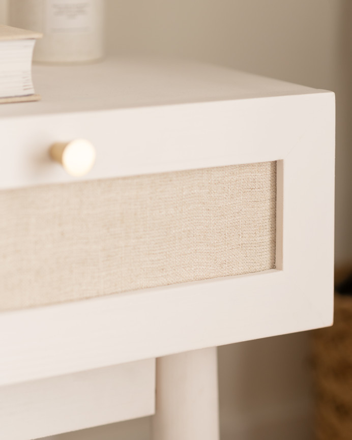 Pack of 2 solid wood bedside tables with a drawer and white linen tone measuring 45x40cm