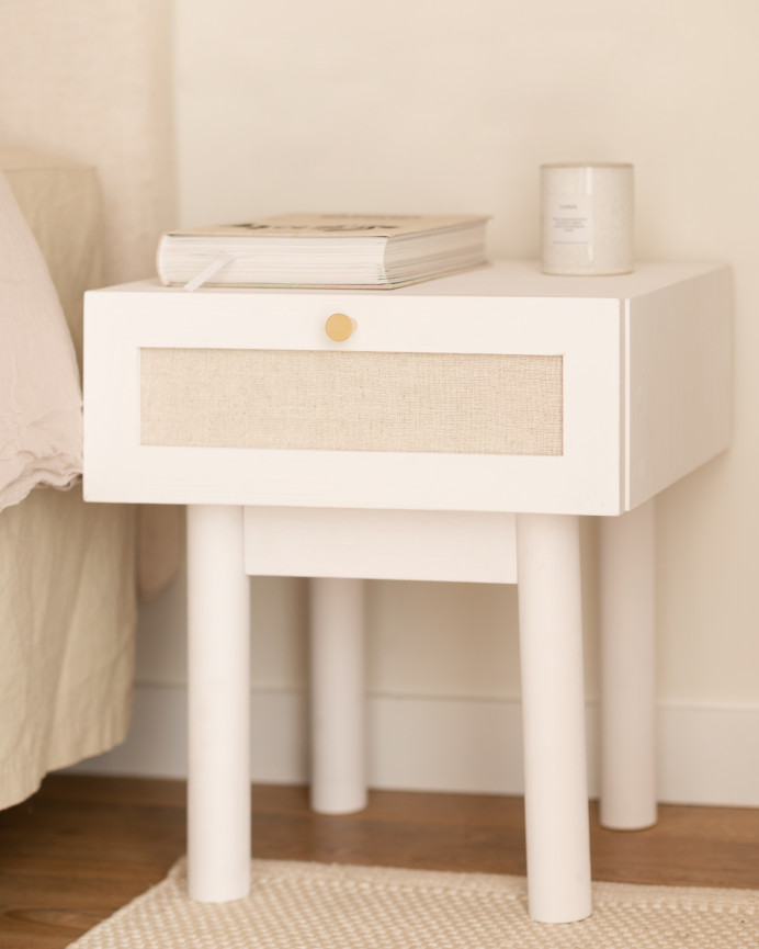 Pack of 2 solid wood bedside tables with a drawer and white linen tone measuring 45x40cm