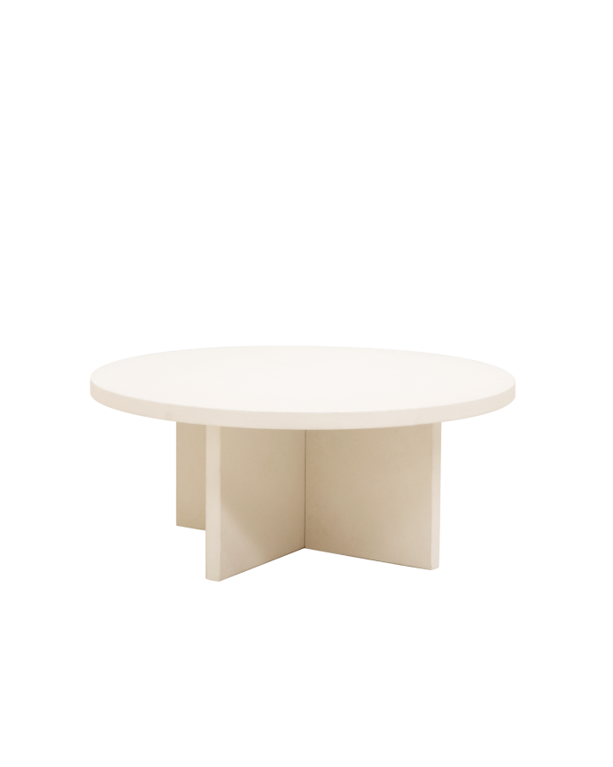 Round microcement coffee table in off-white shade available in various sizes.