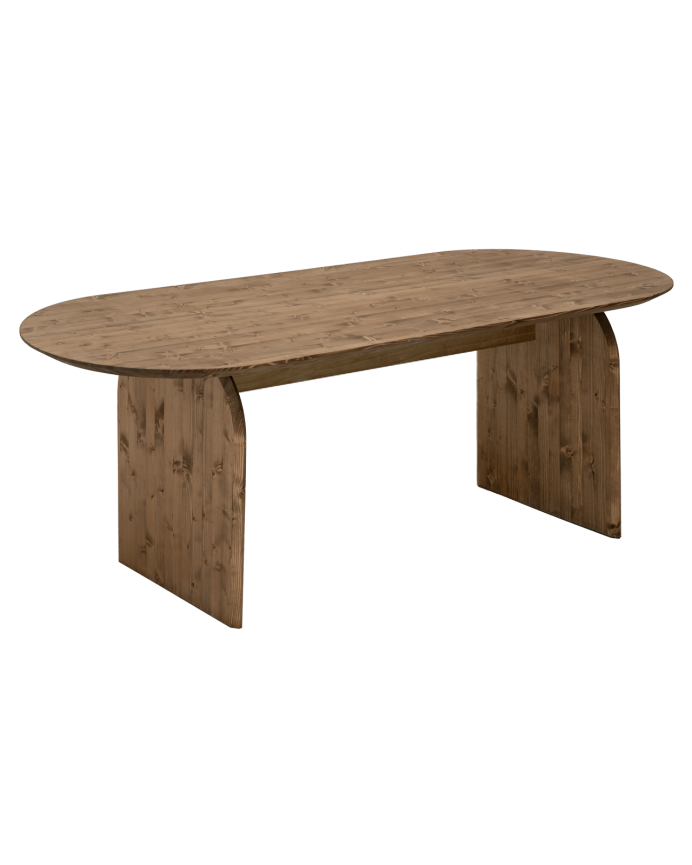 Oval solid wood dining table in dark oak tone of various sizes.