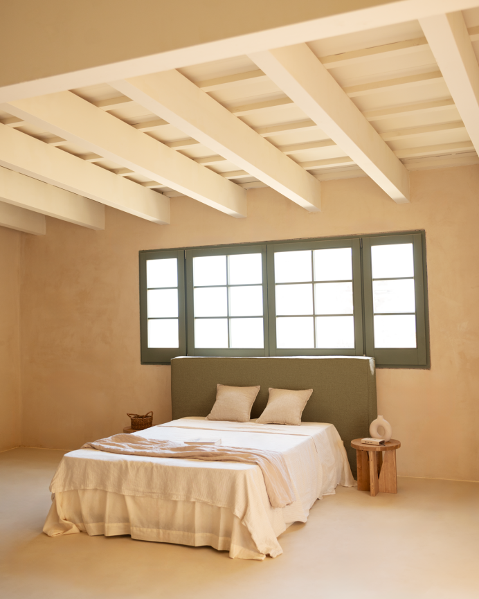 Upholstered headboard cover in removable green linen in various sizes