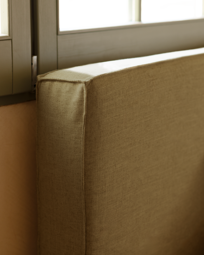 Upholstered headboard cover in removable green linen in various sizes
