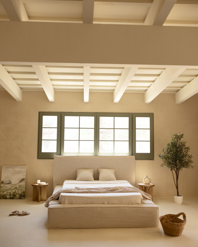 Beige linen removable bed cover for mattresses of various sizes.