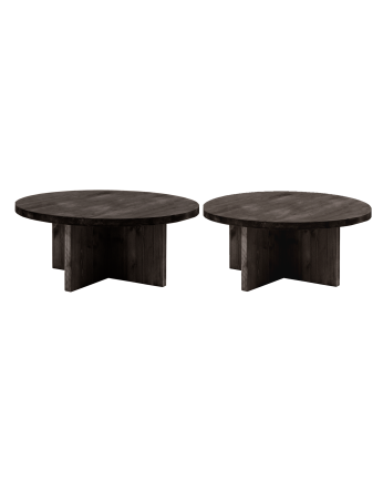 Pack of 2 solid wood round black tone coffee tables 80x80cm