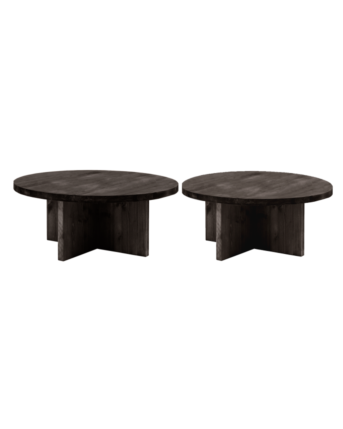 Pack of 2 solid wood round black tone coffee tables 80x80cm