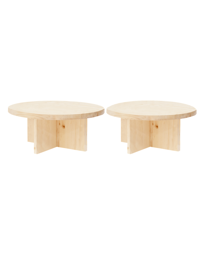Pack of 2 solid wood round coffee tables in natural tone 80x80cm.