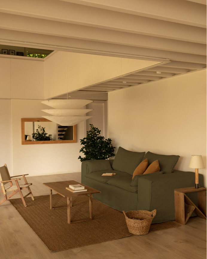 Removable linen sofa cover in green available in various sizes.