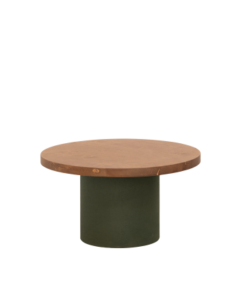 Round solid wood coffee table in dark oak tone with green micro cement leg in various sizes