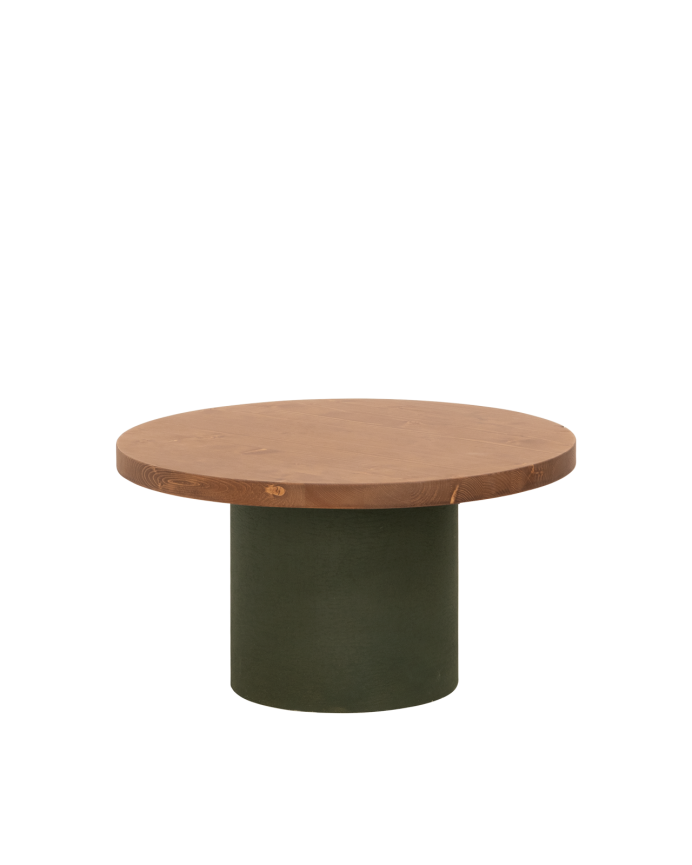 Round solid wood coffee table in dark oak tone with green micro cement leg in various sizes