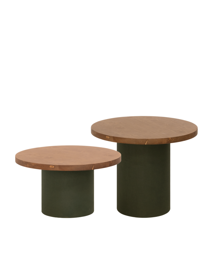 Round solid wood coffee table in dark oak tone with green micro cement leg in various sizes