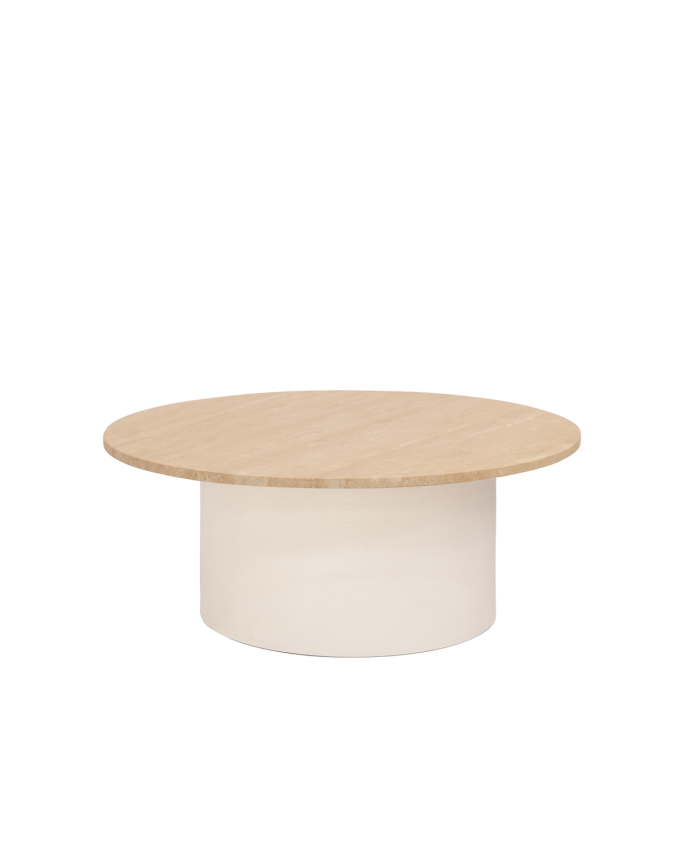 Round travertine marble coffee table with beige micro cement legs, measuring 80x32cm.