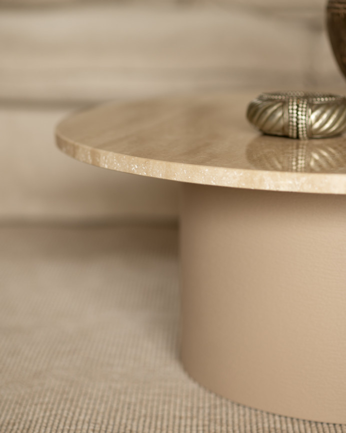 Round travertine marble coffee table with beige micro cement legs, measuring 80x32cm.