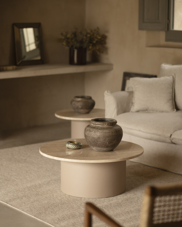 Round travertine marble coffee table with beige micro cement legs, measuring 80x32cm.
