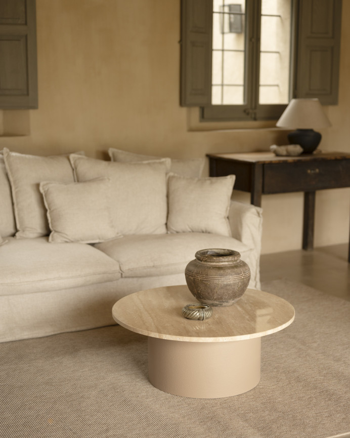 Round travertine marble coffee table with beige micro cement legs, measuring 80x32cm.