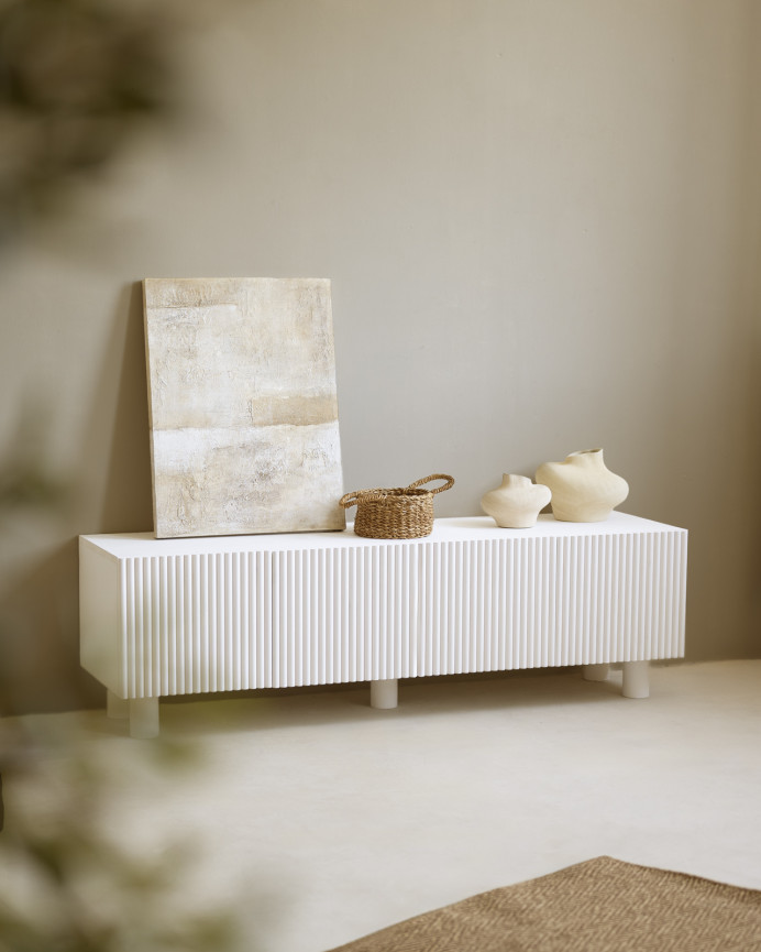 TV cabinet made of fir and pine wood in white tone 152x42cm.