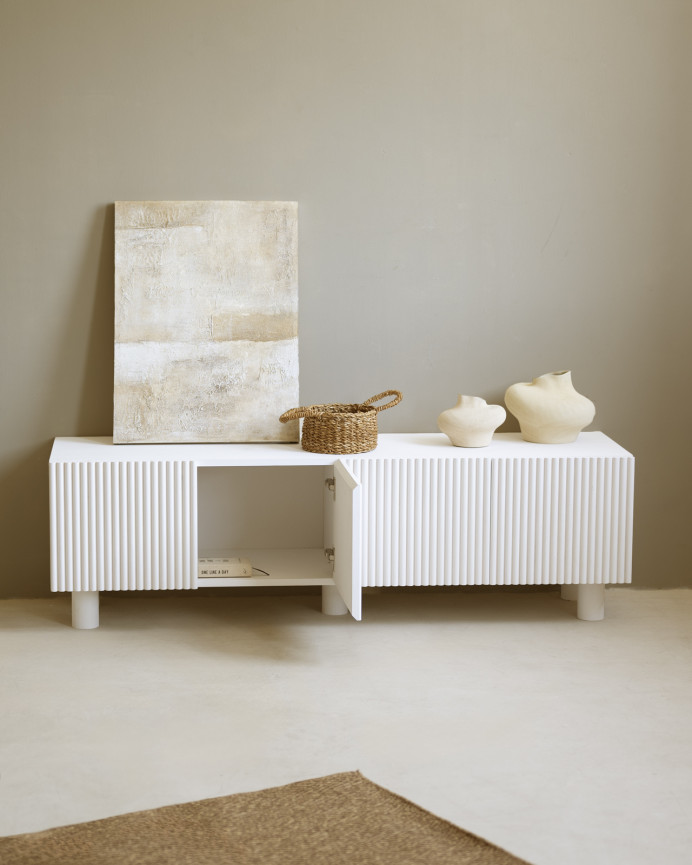 TV cabinet made of fir and pine wood in white tone 152x42cm.