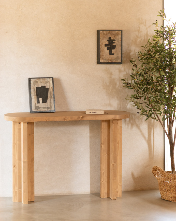 Solid wood console table in a medium oak tone measuring 120x80cm.