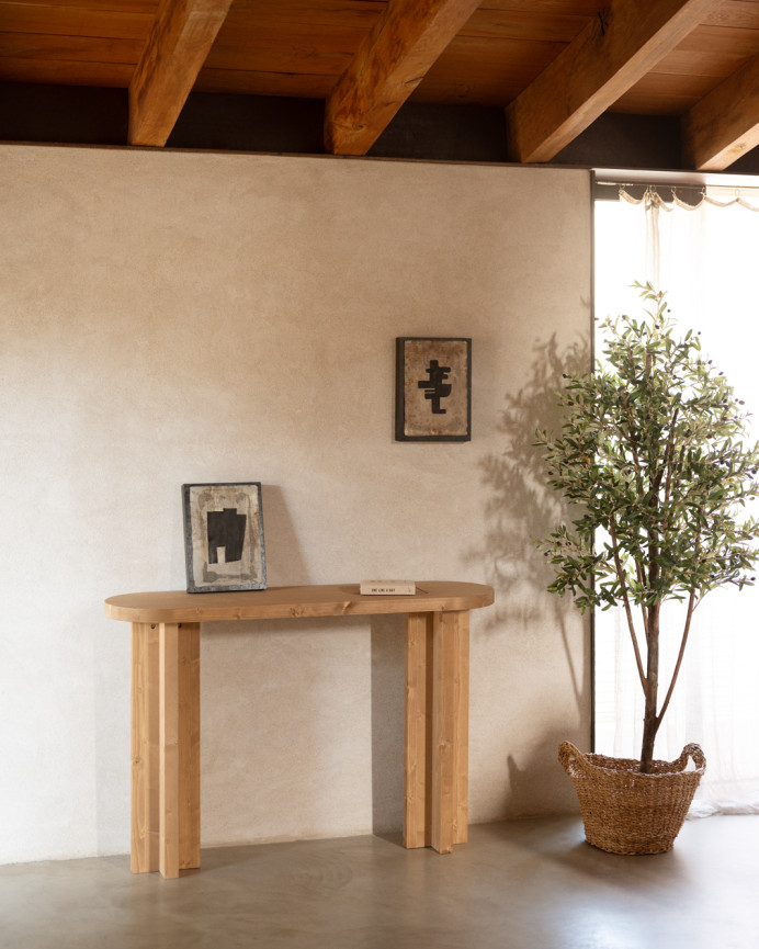 Solid wood console table in a medium oak tone measuring 120x80cm.
