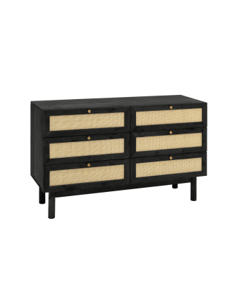 Solid wood and rattan dresser with six drawers in black tone, measuring 76x120cm.