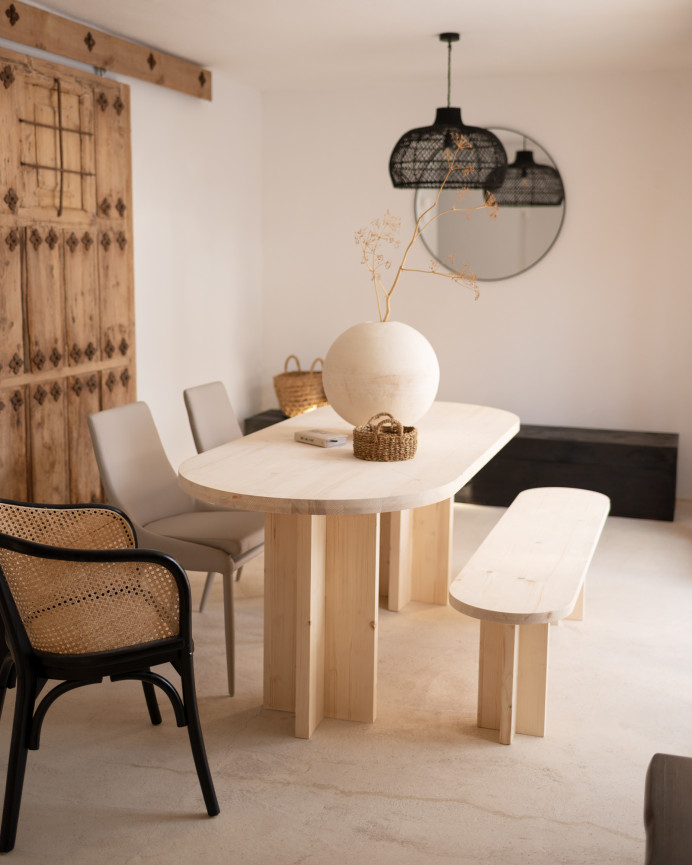 Solid wood bench in natural tone of various sizes.