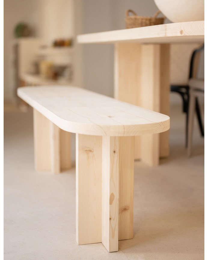 Solid wood bench in natural tone of various sizes.