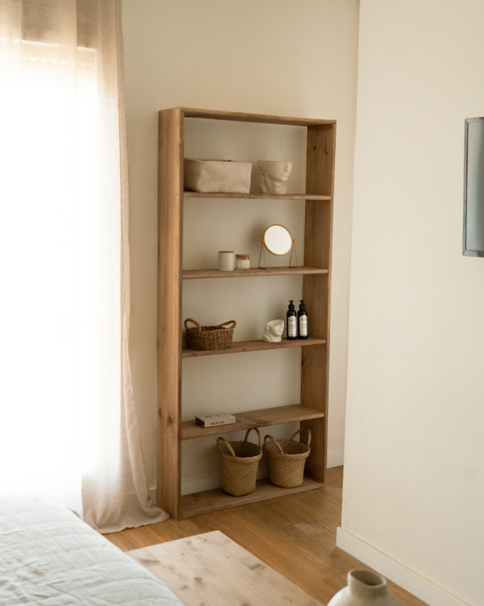 Solid oak wood shelving unit in a dark oak tone with 4 shelves