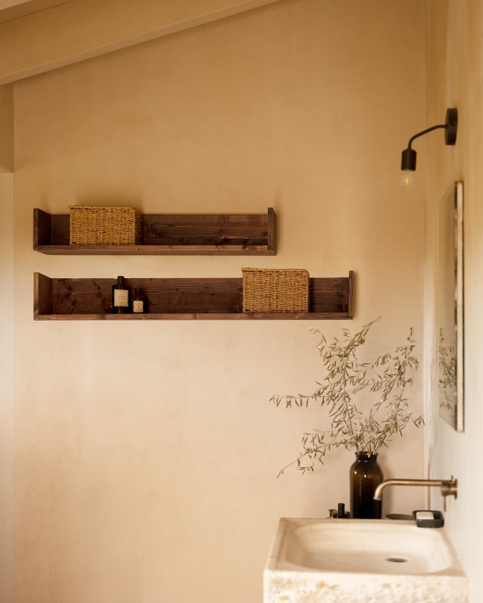 Solid walnut tone wooden bookshelf in various sizes.