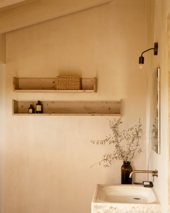 Solid wood shelf in medium oak tone available in various sizes.