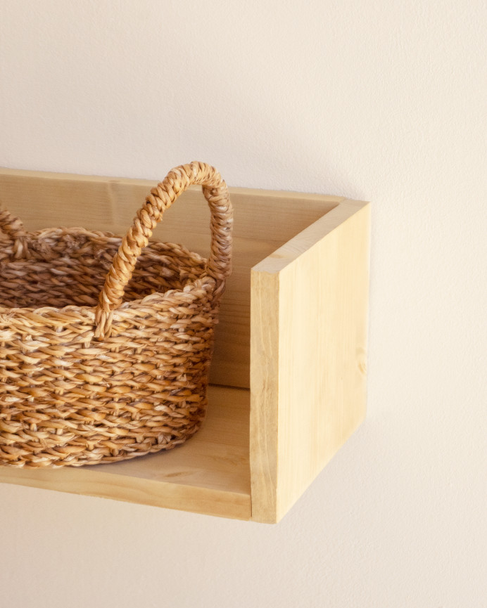 Solid wood shelf in medium oak tone available in various sizes.