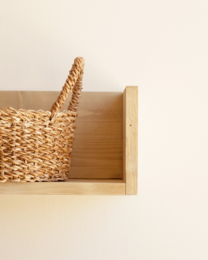 Solid wood shelf in medium oak tone available in various sizes.