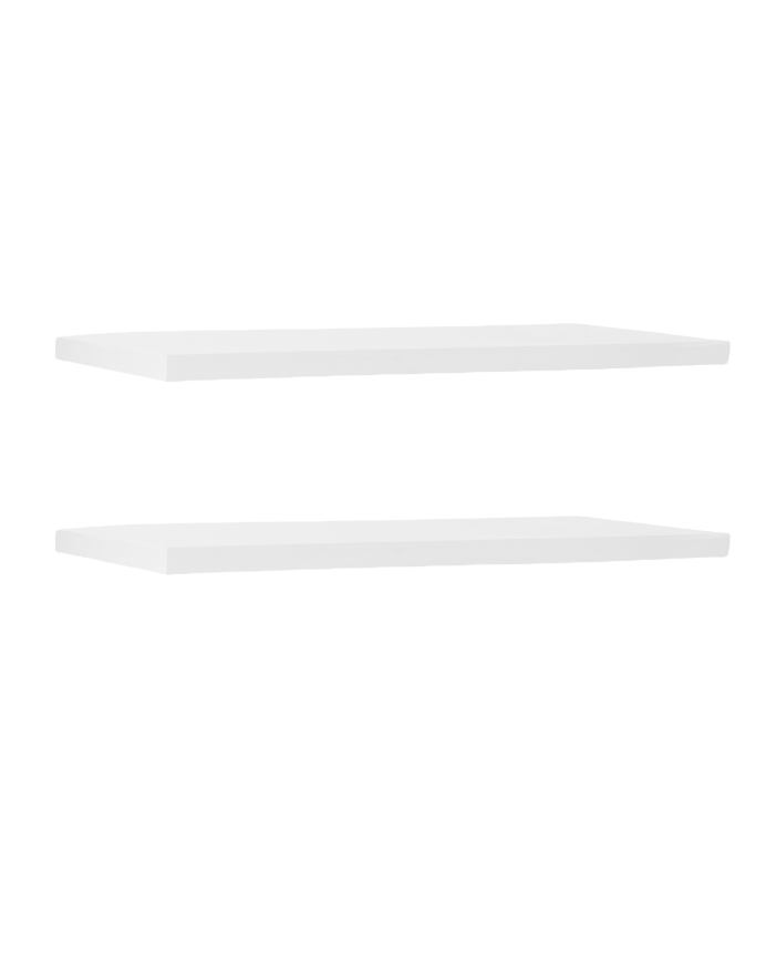 Pack of 2 solid wood floating shelves in white tone, various sizes.