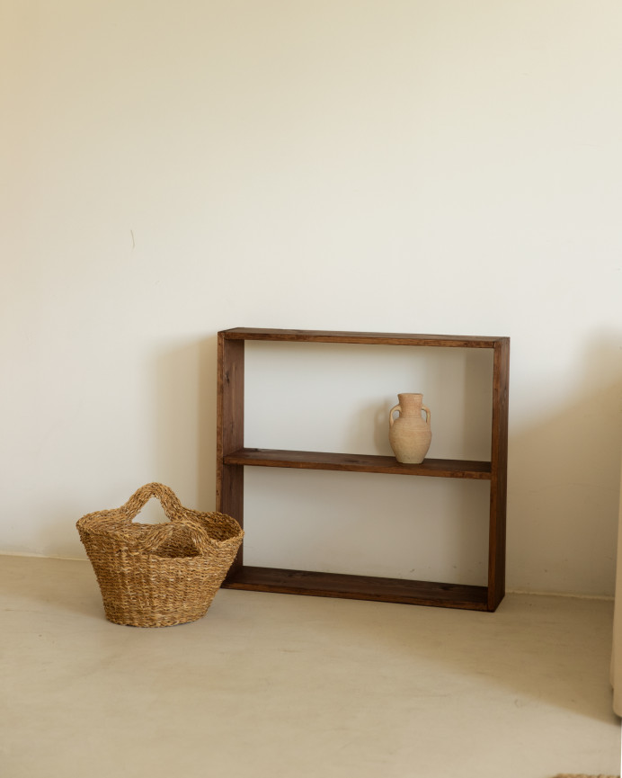Solid walnut tone wooden shelf with 1 shelf.