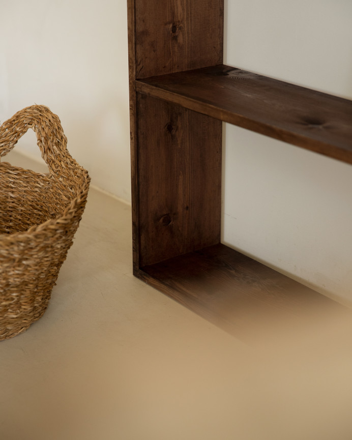 Solid walnut tone wooden shelf with 1 shelf.
