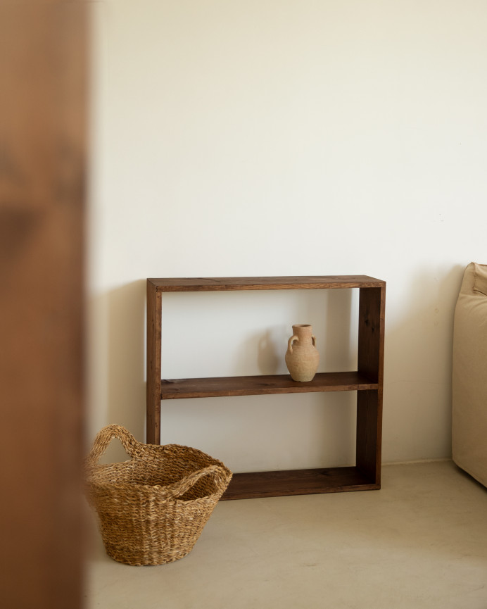 Solid walnut tone wooden shelf with 1 shelf.