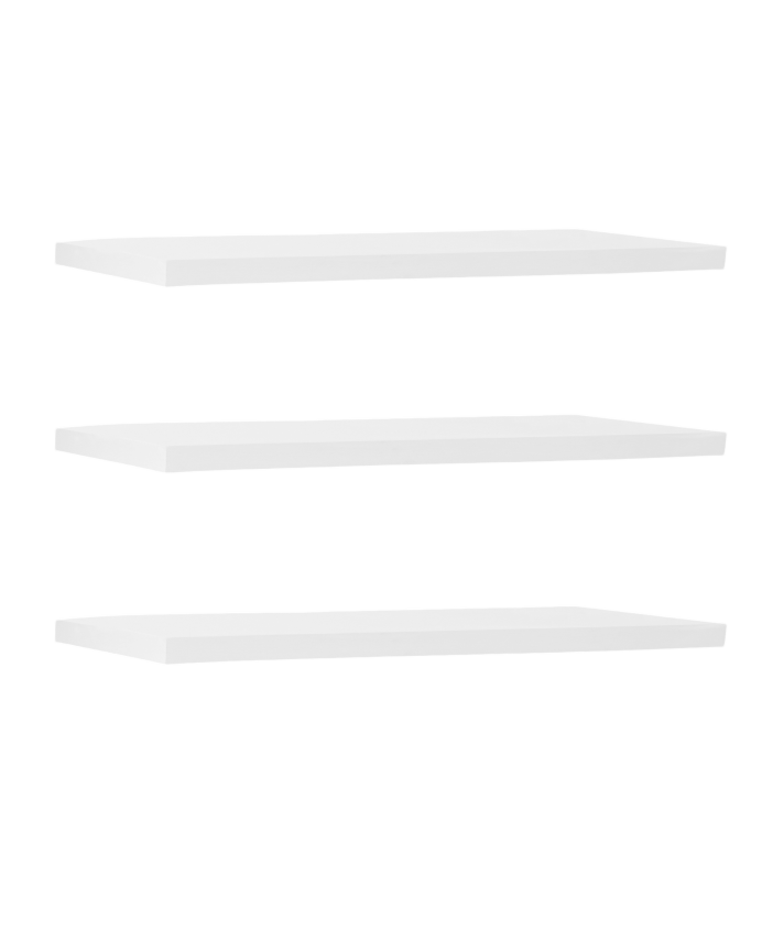 Pack of 3 solid wood floating shelves in white tone, various sizes.