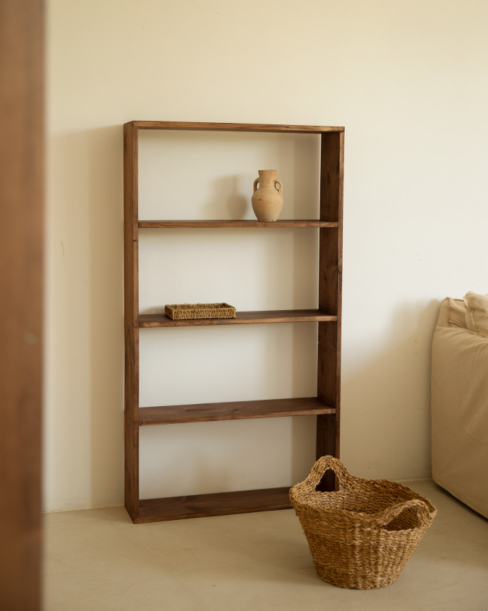 Solid walnut tone wooden bookcase with 3 shelves.
