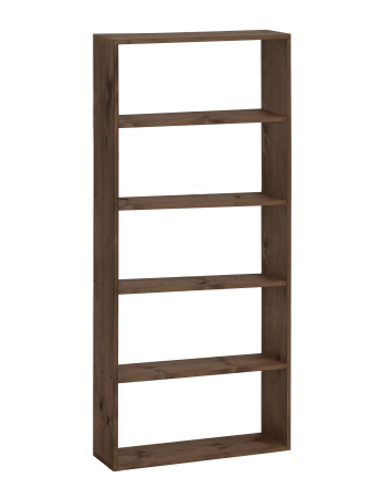 Solid walnut tone wooden shelving unit with 4 shelves