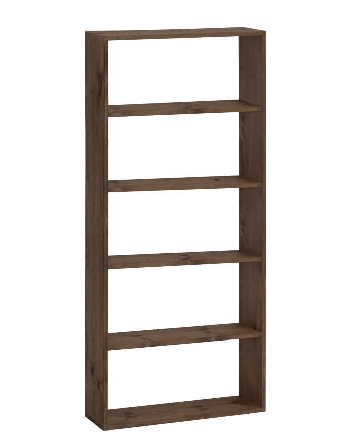 Solid walnut tone wooden shelving unit with 4 shelves