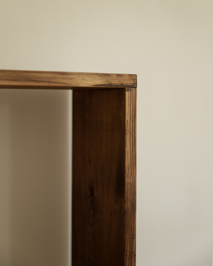 Solid walnut tone wooden bookcase with 3 shelves.